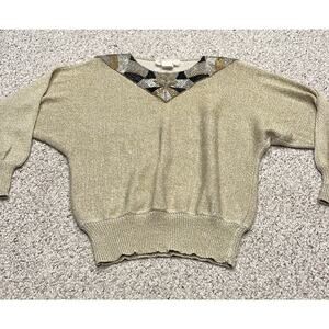 Vintage Lilly of California Beaded Collar Gold Sweater Womens Sz L Metallic